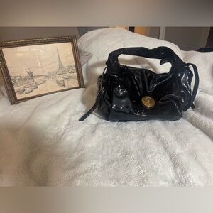 Gucci Black Patent Shoulder Bag with Gold Medallion